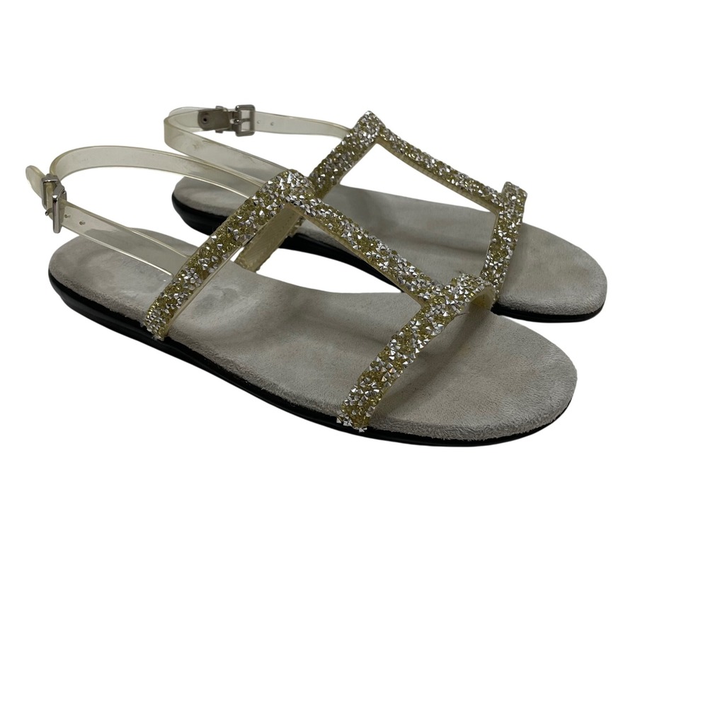 Aerosoles Womens 8.5 Rhinestone T-Strap Slingback Flat Sandals Gold Silver Glam